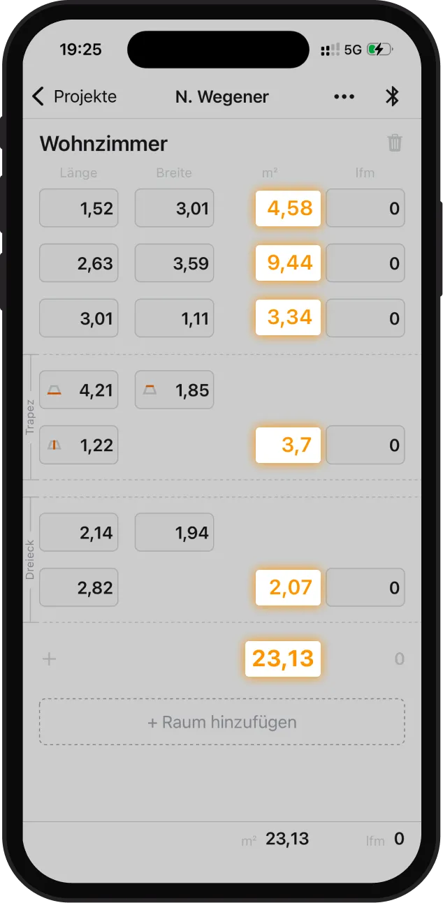Screenshot of Aufmass Pro on iOS that shows how the app automatically calculates square meters of the entered measurement data.