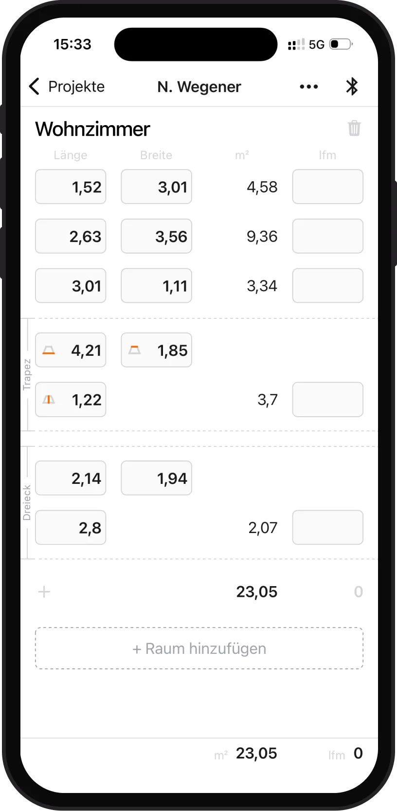 Screenshot of Aufmass Pro on an iPhone that shows a sample project with measurement data.