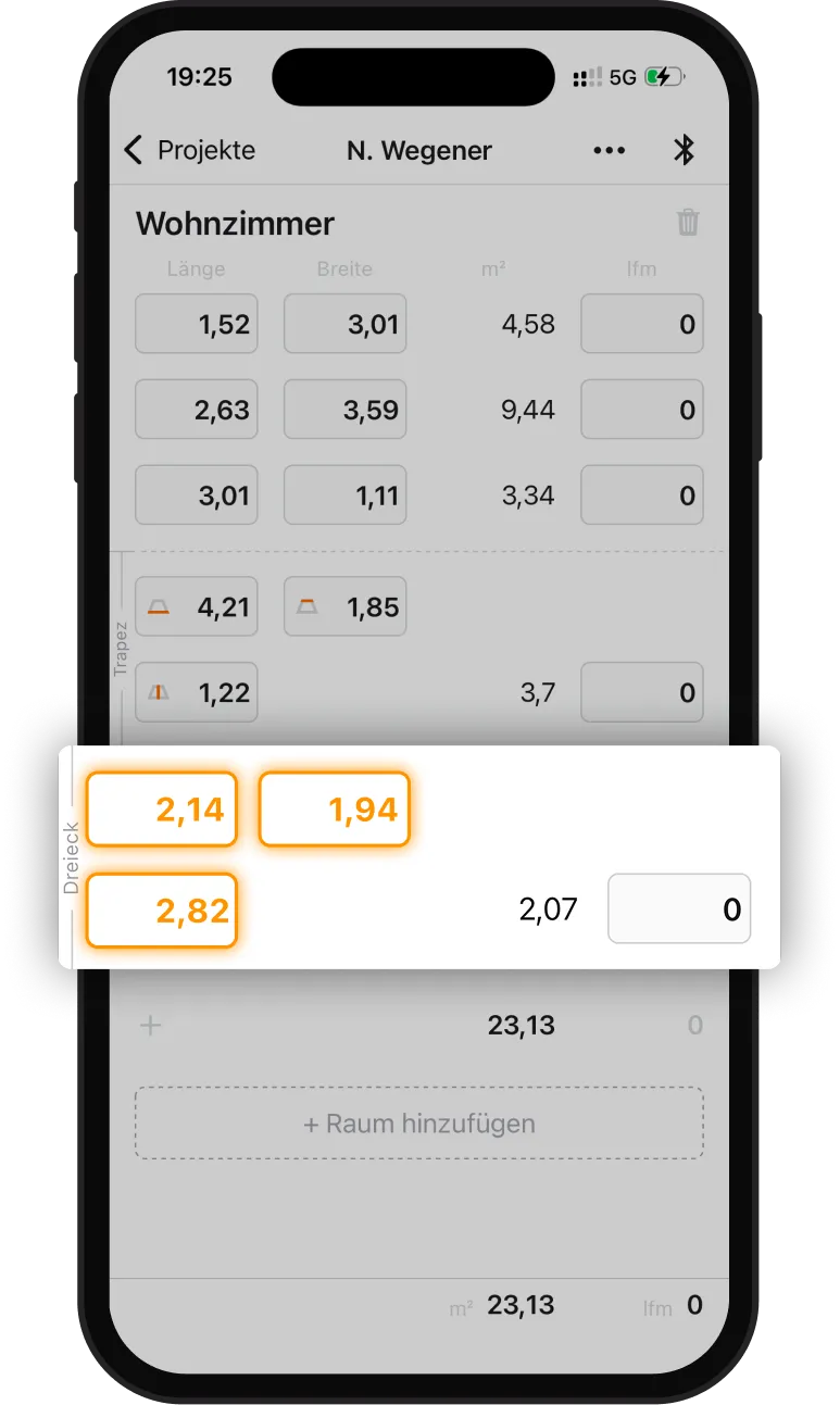 Screenshot of Aufmass Pro on an iPhone that shows how you can capture measurements from a bluetooth laser range finder like Leica, Bosch and Würth witin the app.